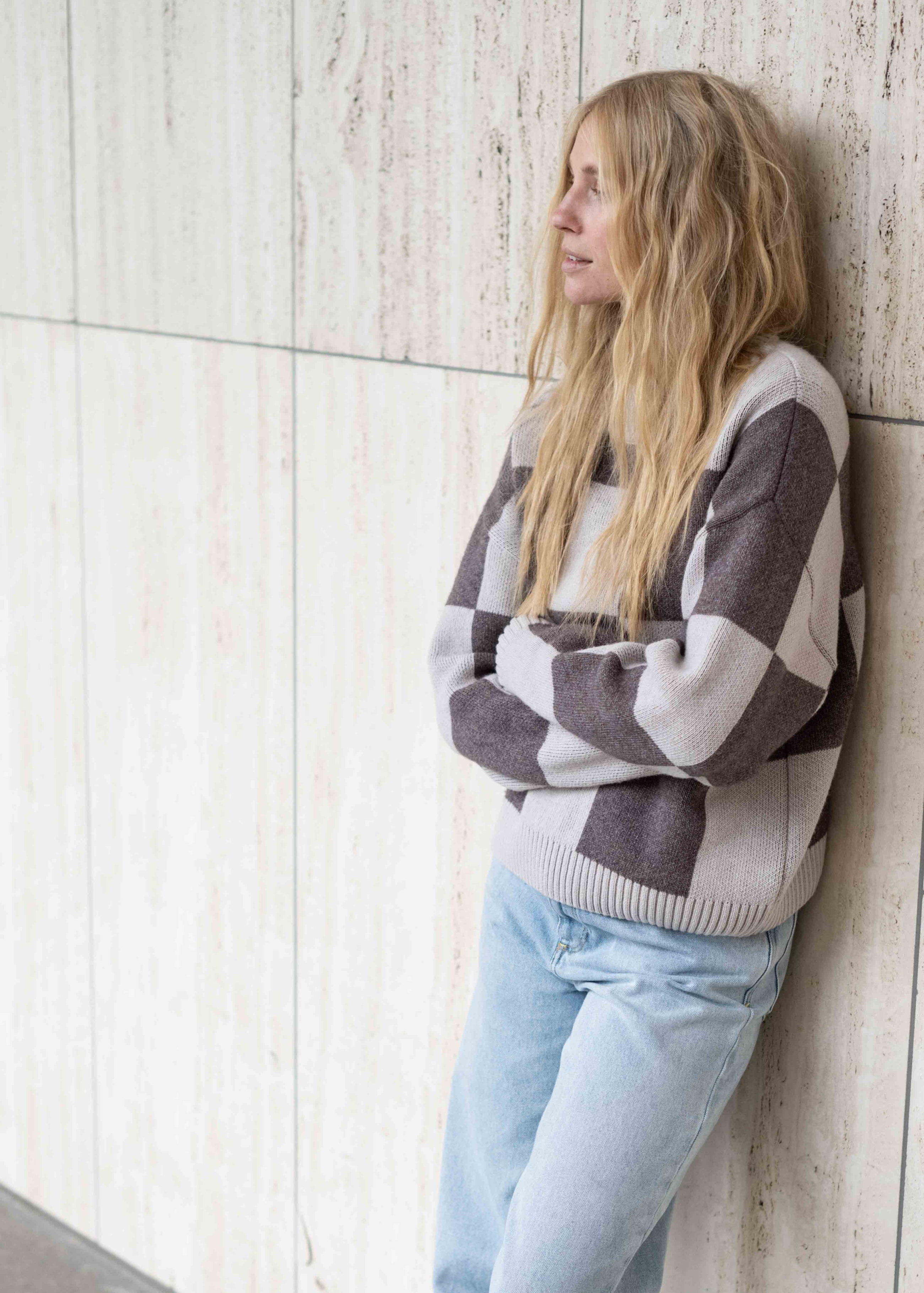 Strick-Sweater KARO OysterGrey/Schokolade