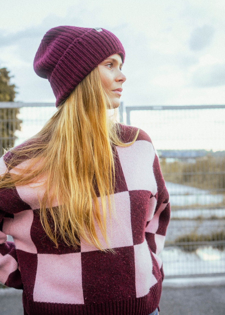 Bündel Strickpullover KARO & Kaschmirmütze ALMA Bordeaux